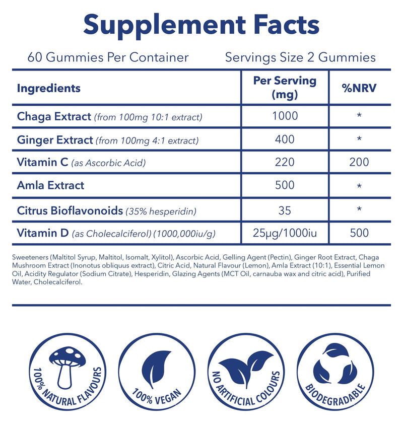 Moosh Mushroom Gummies 3000mg - 60 Gummies (Reishi, Lions Mane, Chaga, Coryceps) Sugar Free, 100% Vegan (Immunity (Chaga)) Immunity - Chaga