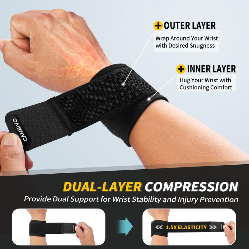 [Australia] - CAMBIVO Wrist Wraps for Men and Women 2 Pack, Adjustable Compression Wrist Brace for Carpal Tunnel, Wrist Support, Pain Relief, Lifting Straps Wrist Bands for Fitness, Weightlifting, Gym Workout Black 