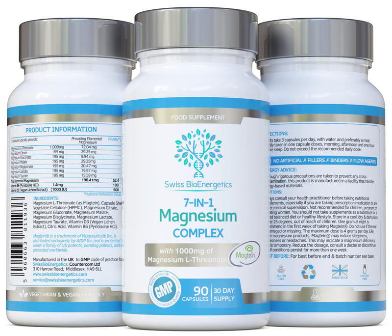 Magnesium L-Threonate Complex 7-in-1 with 1000mg of Magtein Plus Magnesium as Bisglycinate, Taurate, Citrate, Gluconate, Malate & Lactate - Supports Sleep - Vegan, UK Made and No Artificial Nasties