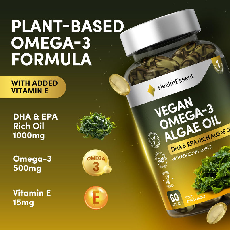 HealthEssent Omega 3 Vegan Complex - Algae Oil Omega 3 with EPA DHA and Vitamin E, 1000mg Algae Based Fatty Acids Supplements for Heart, Brain and Joint Health, Non-GMO & Halal – 60 Softgels