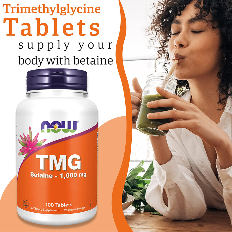 Now Foods, TMG (Trimethylglycine), 1.000mg, 100 Vegan Tablets, Lab-Tested, High Dose, Betaine, Gluten Free, SOYA Free, Vegetarian