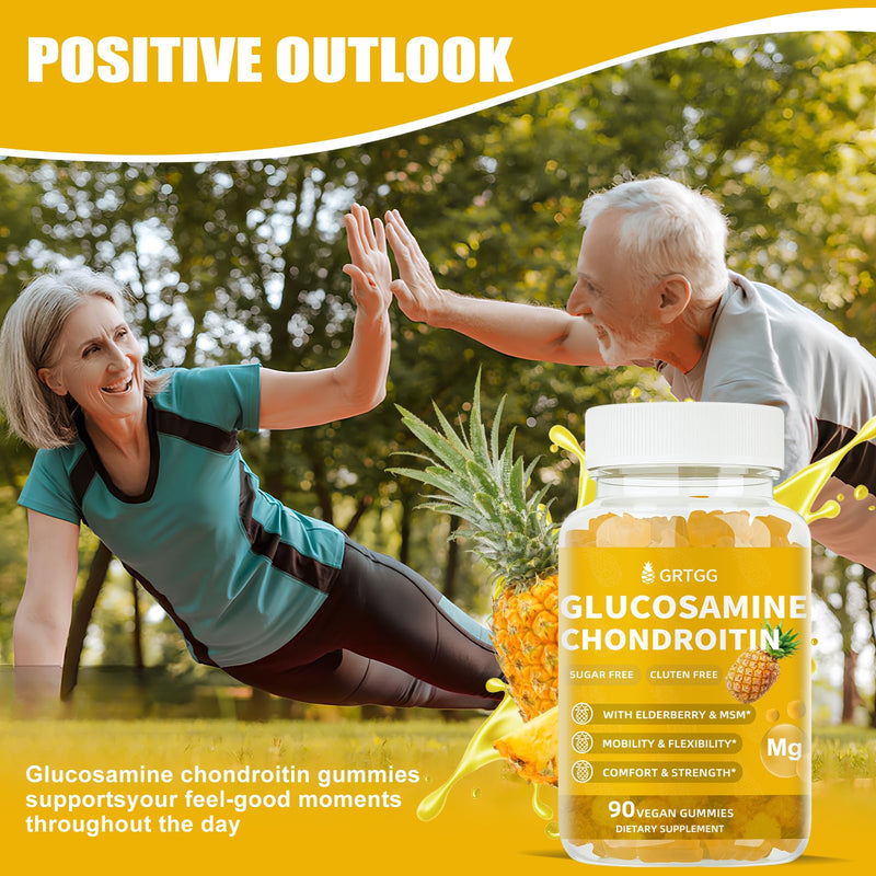 Glucosamine Chondroitin Gummies with MSM & Elderberry Extra Strength 3000MG - Joint Support, Antioxidant Immune Support Supplement for Adults, Men & Women - 90 Pineapple Gummies