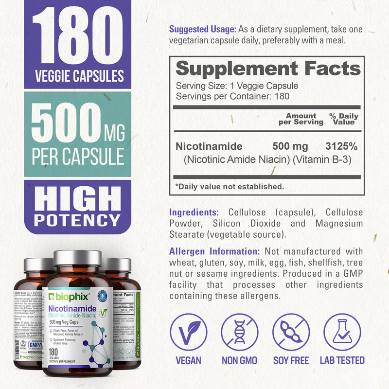 biophix B-3 Nicotinamide 500 mg 180 Vcaps - Nicotinic Amide Niacin Natural Flush-Free Vitamin Formula - Supports Skin Cell Health