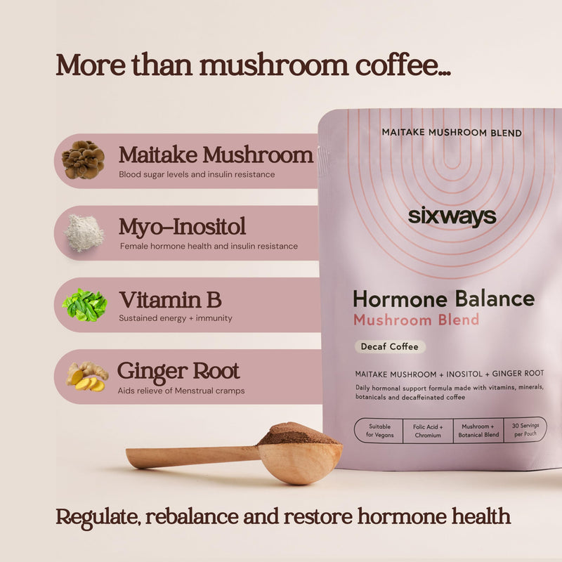 Sixways Hormone Balance Mushroom Coffee, Decaf Coffee Flavour, 30 Servings with 2000mg Myo-Inositol, Maitake Mushroom, Maca Root, PCOS Support, Vegan, PMS Relief (150g)