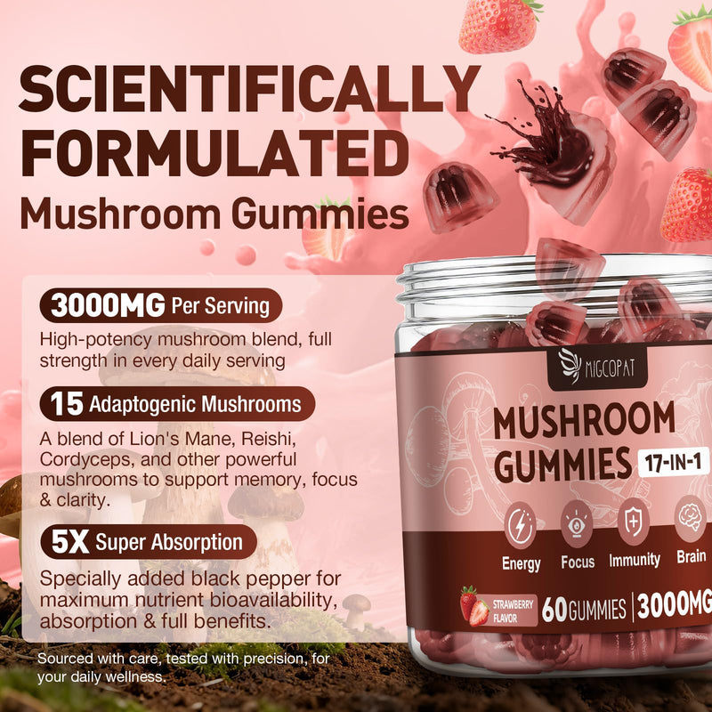 17-in-1 Mushroom Gummies High Strength 3000mg, Mushroom Complex Supplement with Lion’s Mane, Shiitake, Maitake, Reish, Black Pepper for Immune, Brain, Focus & Energy - 60 Vegan Gummies (Strawberry)