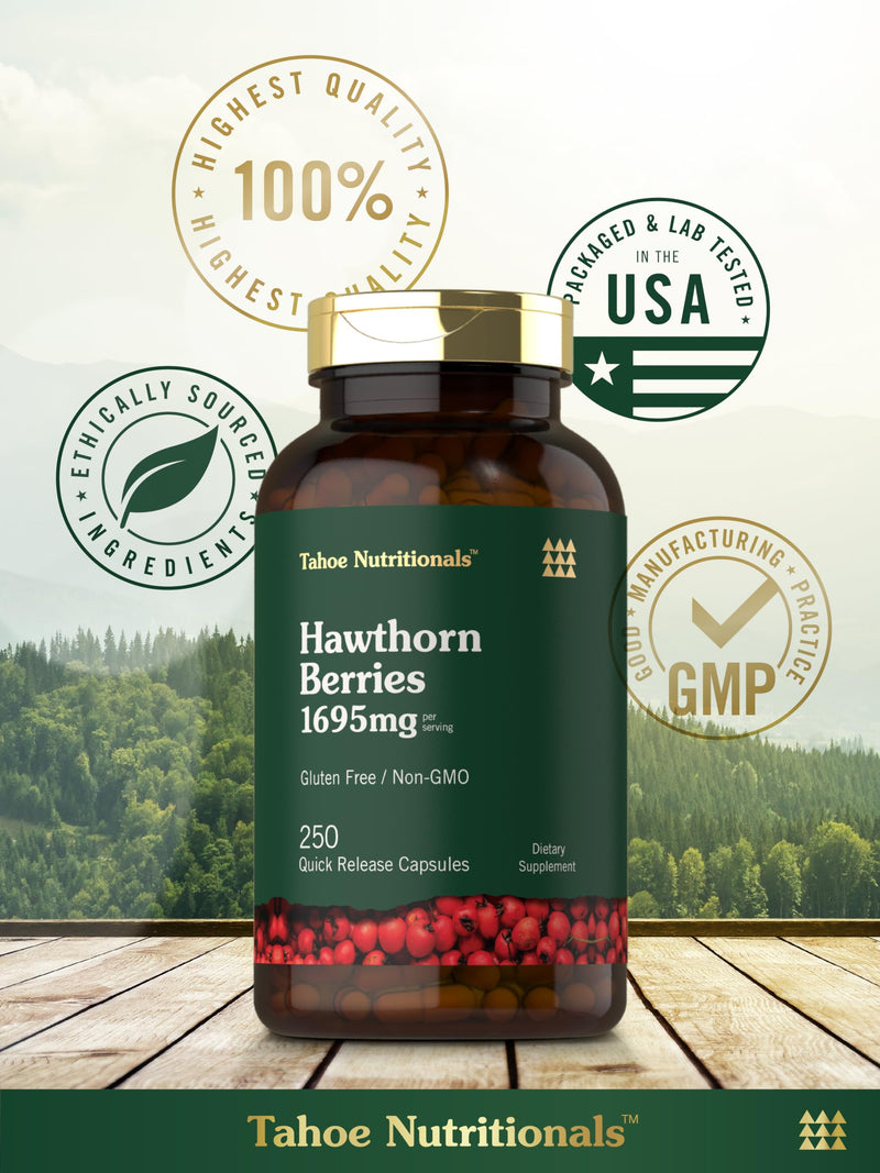 [Australia] - Tahoe Nutritionals Hawthorn Berry Capsules | 1695mg per Serving | 250 Count | Extract Supplement for Women and Men | Non-GMO, Gluten Free Extract 