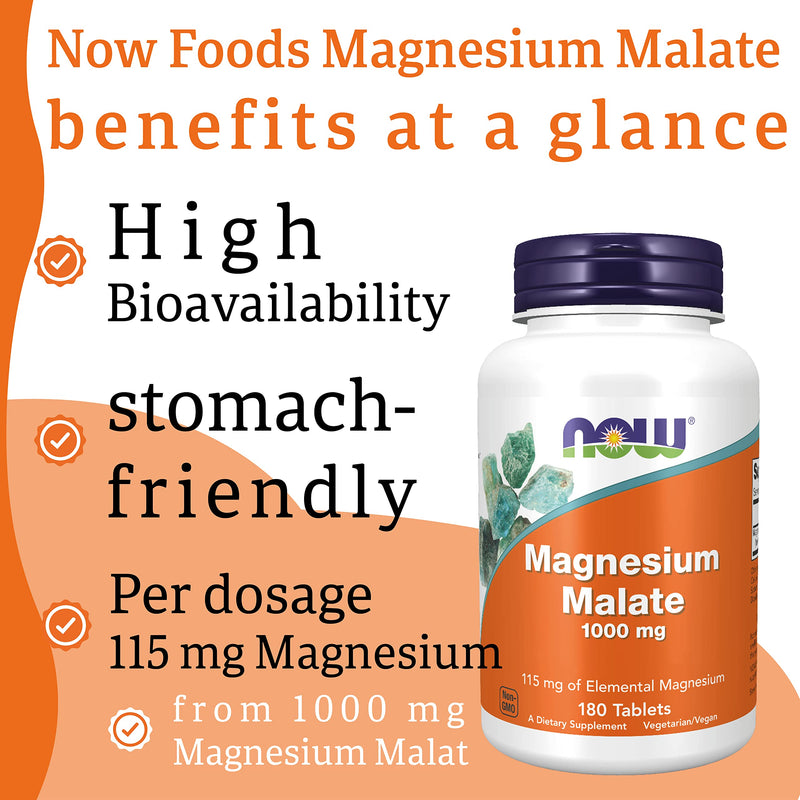 Now Foods, Magnesium Malate, 1,000mg, 180 Vegan Tablets, Lab-Tested, Gluten Free, Soy Free, Vegetarian