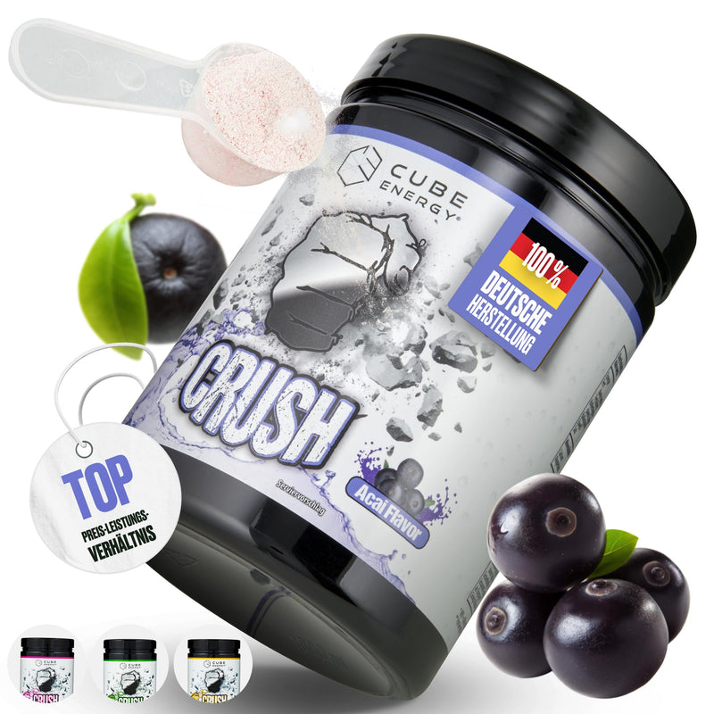 [Australia] - Cube Energy Crush Pre Workout Booster - 2in1 focus & pump formula with 300 mg caffeine - no crash - high dose & vegan - Made in Germany - 22 portions of 25 g each - Acai flavor 