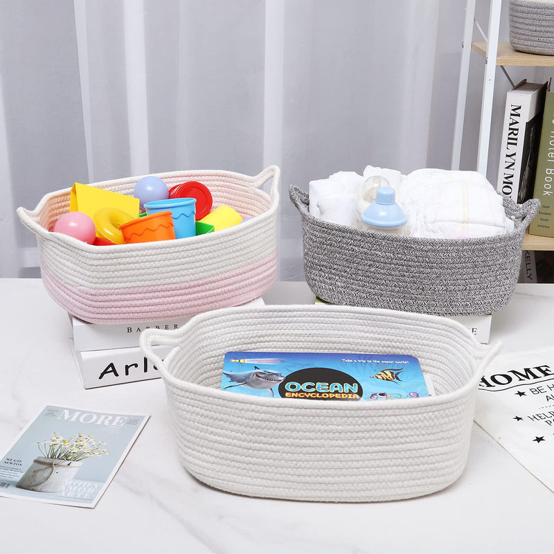 [Australia] - ABenkle Rope Basket, Small Storage Gift Basket, Rectangle Under Shelf Basket, Decorative Boho White Rope Woven Basket with Handle for Baby Dog Toy Egg Fruit Snack Towel Easter 