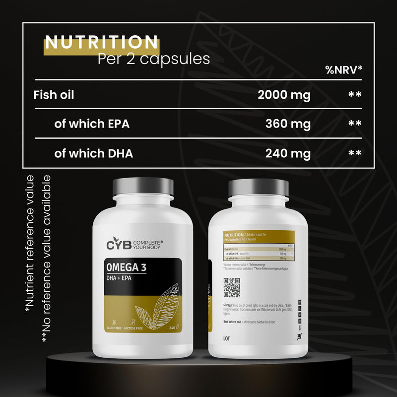 Omega 3 Fish Oil 2000mg Capsules - 240 High Strength Softgels - Pure Omega Fatty Acids 3 EPA 360mg + DHA 240mg Per Serving - 4 Month Supply - Laboratory Tested - Complete Your Body - CYB Brand