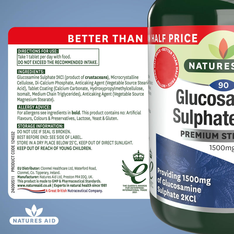 Natures Aid Glucosamine Sulphate 1500mg 90 Tablets – High Strength, Salt-Free – Supports Joint Health, Mobility, Flexibility – Gluten-Free, Non-GMO – Natural Food Supplement Glucosamine Sulphate 1500 mg 90 Tablets