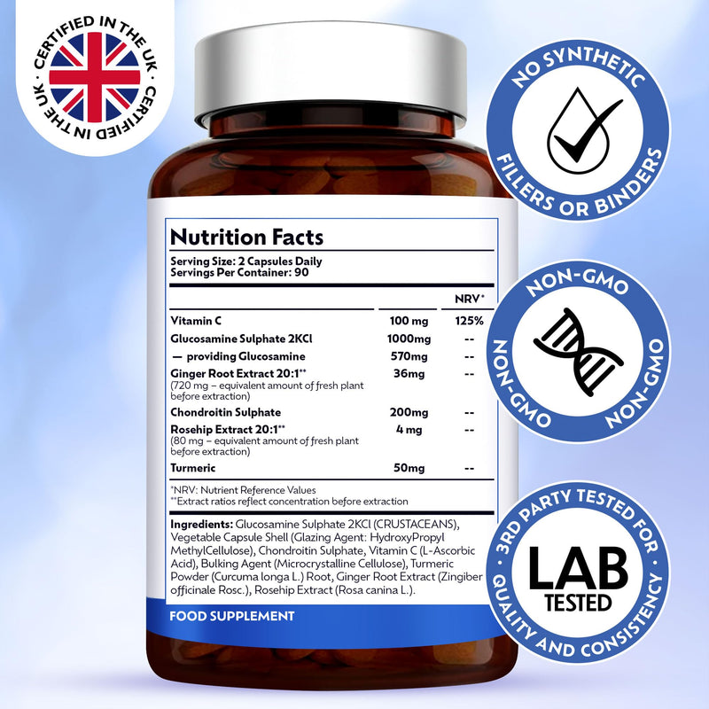 Glucosamine and Chondroitin Complex 1500mg, 180 Capsules, Up to 6 Months Supply – High Strength Joint Support with MSM, Vitamin C, Turmeric, Ginger & Rosehip | London Life Sciences