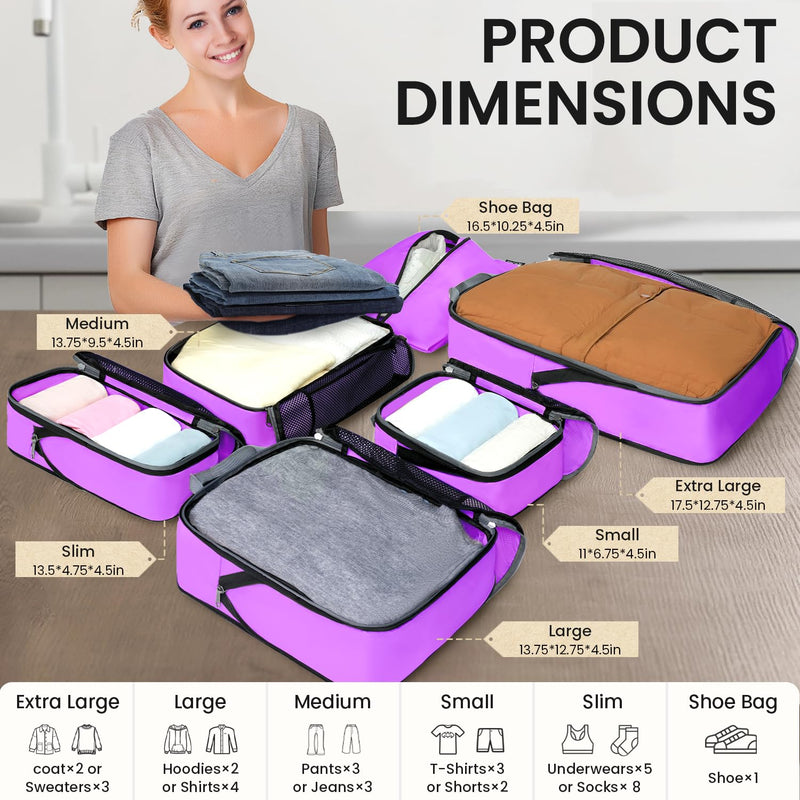 BAGAIL 4 Set/6 Set/8 Set Compression Packing Cubes Travel Accessories Expandable Packing Organizers(Purple HalfMesh 6 Set) 6-Purple Half Mesh