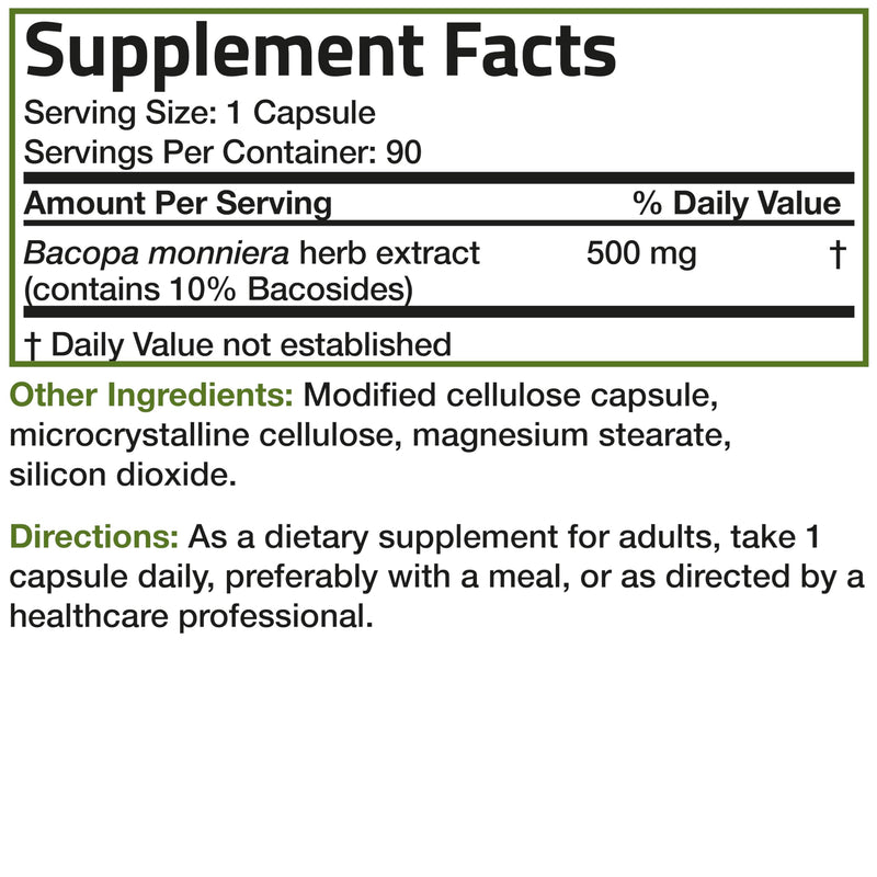 [Australia] - Bronson Bacopa Monnieri Extract 500 mg - Promotes Mental Clarity and Brain Function - Non GMO, 90 Vegetarian Capsules 