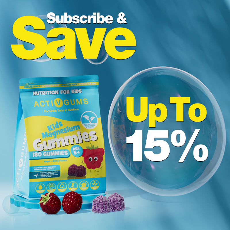 Kids Magnesium 180 Vegan Gummies | Magnesium Citrate 1250mg & Vitamin C 80mg | Support Sleep, Bones, Immune, Energy & Cognition | Resealable & Recyclable Pouch | Suitable for Kids Age 5+ by ActivGums® 180 count (Pack of 1)