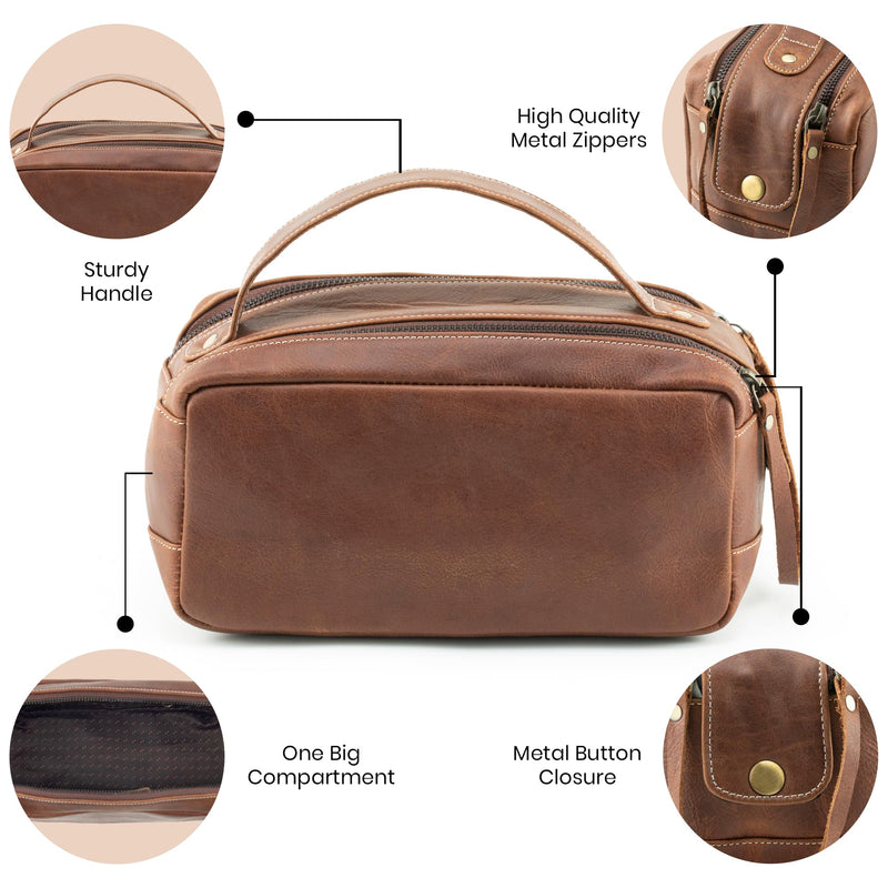 Leather Toiletry Bag for Men - Genuine Full Grain Leather Dopp Kit “Golden Oak” - Large Travel Shaving Kit Organizer Grooming Bag