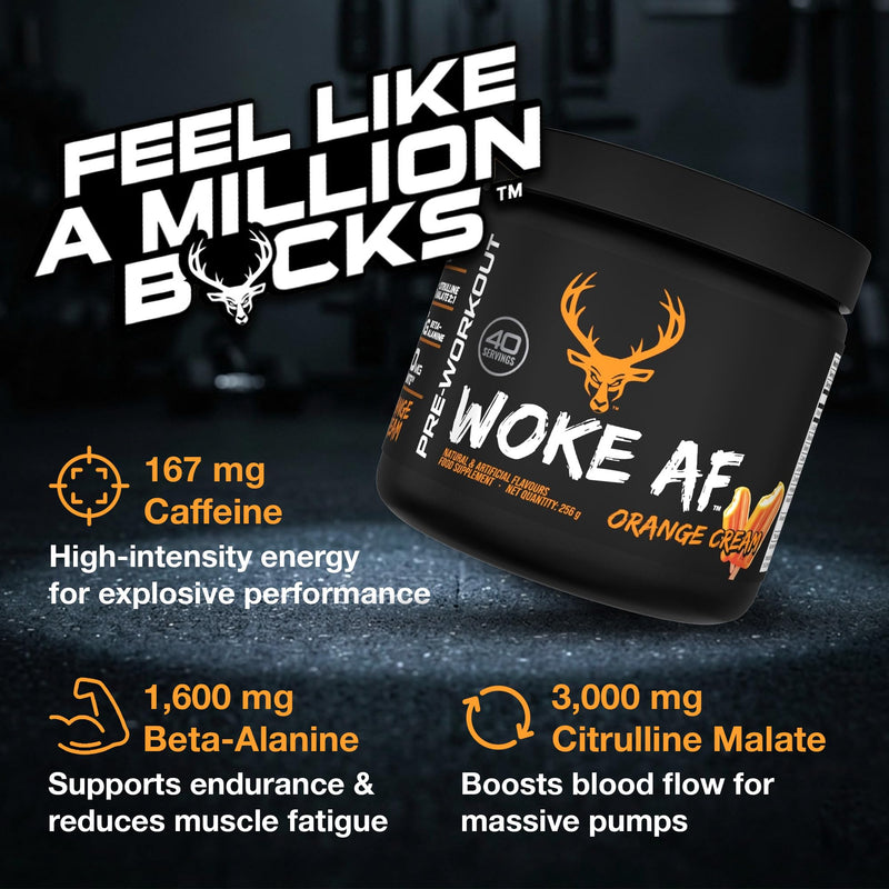 Bucked Up Woke AF Pre-Workout Powder | Performance Drink with Caffeine, Beta-Alanine, & L-Citrulline | Sugar Free, Paleo Friendly | Orange Cream Flavor | 40 Servings