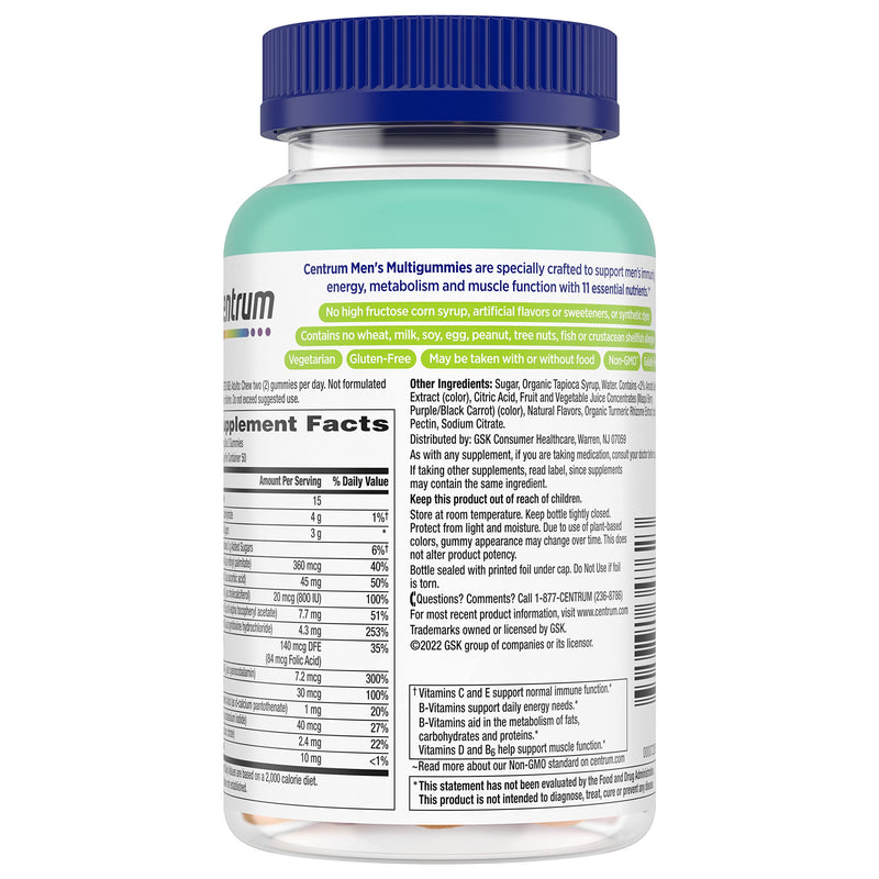 Centrum MultiGummies for Men 18 and Over, 100 Count | Contains Vitamin D3, B Vitamins and Antioxidants, Gluten Free, Non-GMO Ingredients, GLP-1 Support Fruit 100 Count (Pack of 1)