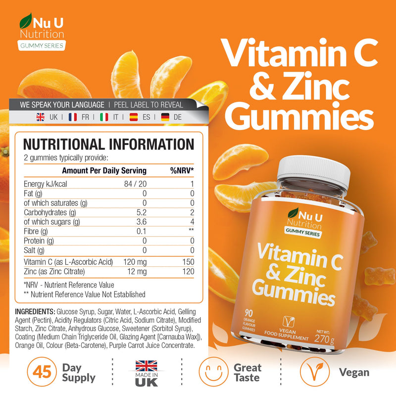 Nu U Nutrition - Vitamin C and Zinc Gummies - 90 Vegan Gummies - 120mg Vitamin C & 12mg Zinc per Serving - Natural Orange Flavour - Made in the UK