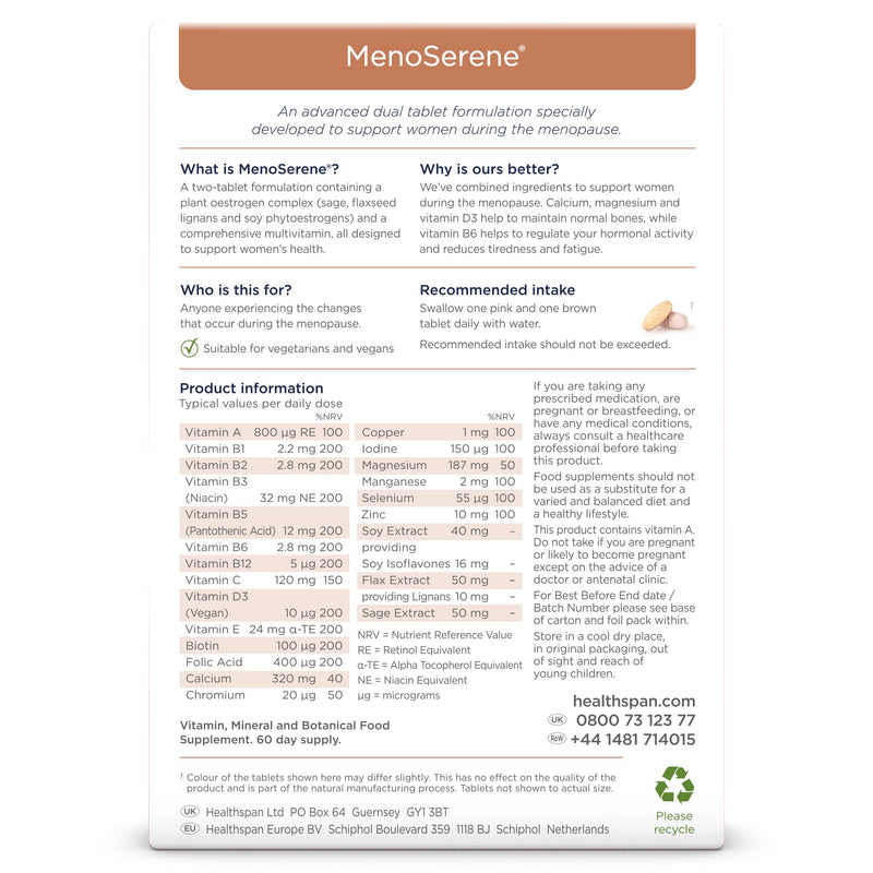 Healthspan MenoSerene | Menopause Support | Women's Health | Vitamin D3 for Normal Bone Health | Vitamin B6 for The Reduction of Tiredness & Fatigue | Vegan (60 Day Supply)