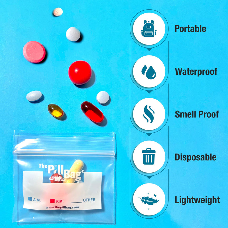 3 mil Strong, Flexible, Comfortable.The Pill Bag Medicine Pill Organizer, Resealable, Disposable Pouches for Vitamins, Gummies, Plastic Bags Travel, Walks, Exercise, Clean,Standard Size100 Count