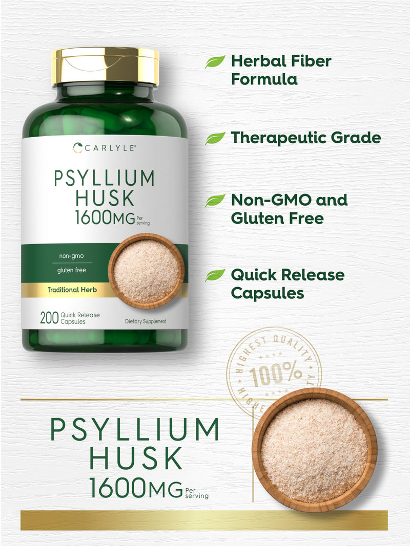 [Australia] - Carlyle Psyllium Husk Capsules 1600mg | 200 Count | High Potency Fiber Supplement | Non-GMO, Gluten Free 