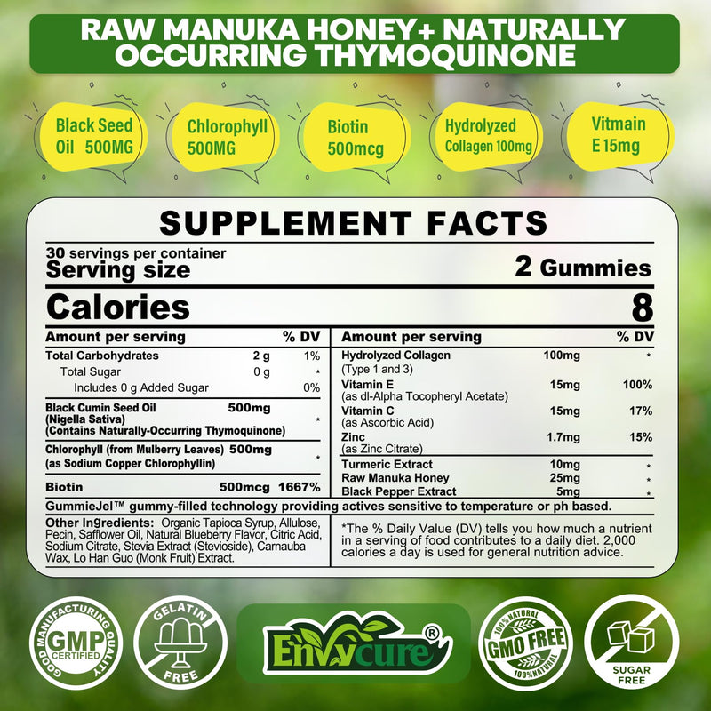 [Australia] - Black Seed Oil Gummies & Chlorophyll, Biotin 500mcg with Hydrolyzed Collagen, Raw Manuka Honey, Organic Cold Pressed - Ultimate Absorption for Skin, Hair & Nails Health, Digestive, Joint, Sugar Free 