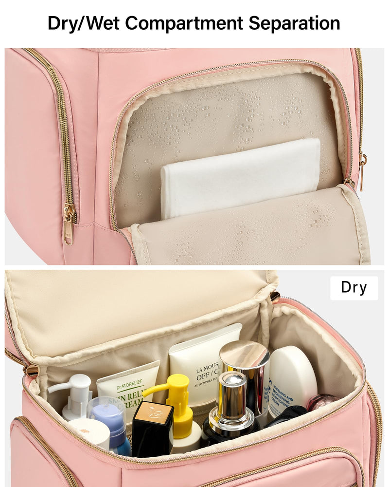 Hanke Large Toiletry Bag for Women Travel, Double Layer Organizer with Wide Opening for Full-Size Cosmetics & Toiletries, 12.2L Water-Resistant Makeup Bag,Pink Pink