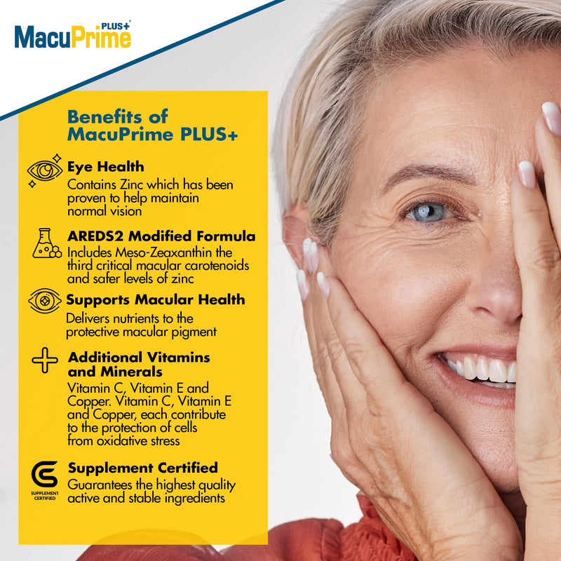 MacuPrime Plus+ Eye Health Supplements – Food Supplement Helps Maintain Normal Vision – Lutein, Meso-Zeaxanthin & Zeaxanthin, 120 Capsules – 1 Month Supply 30 count (Pack of 1)
