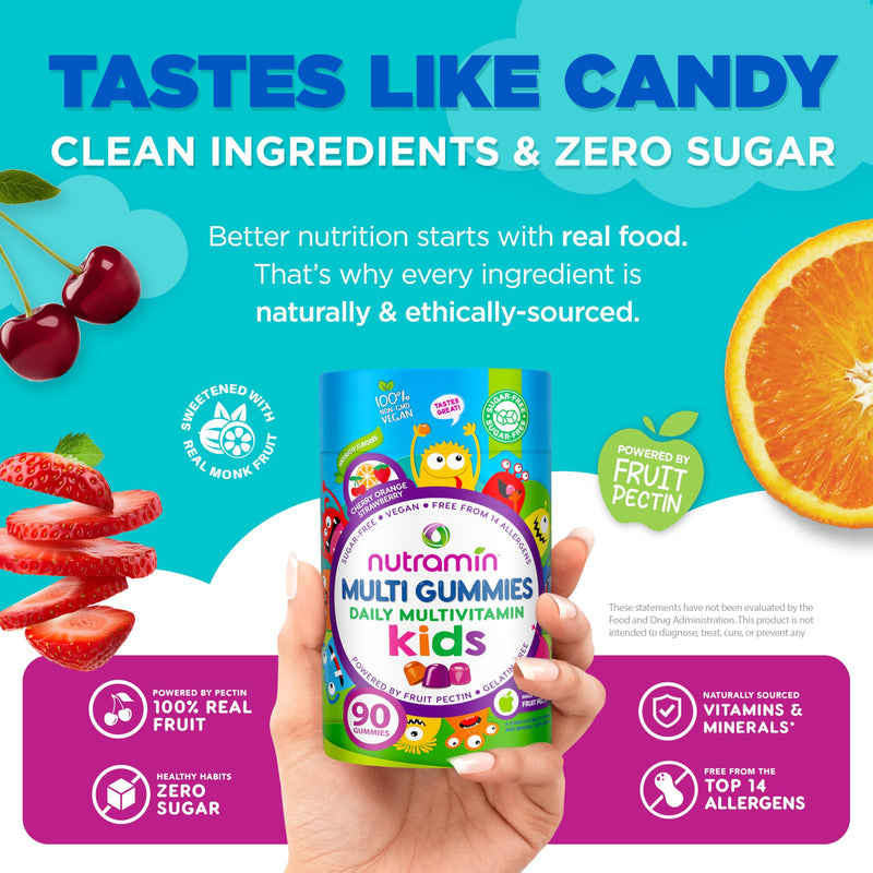 NUTRAMIN Sugar-Free Gummy Multivitamins for Kids, Allergen-Free, 60 Count | 100% Vegan, Gelatin Free, Dairy-Free, Non-GMO, Great Tasting Natural Gummies Your Kids Will Love - Strawberry, Orange, Cherry Multivitamin 60 Count (Pack of 1)