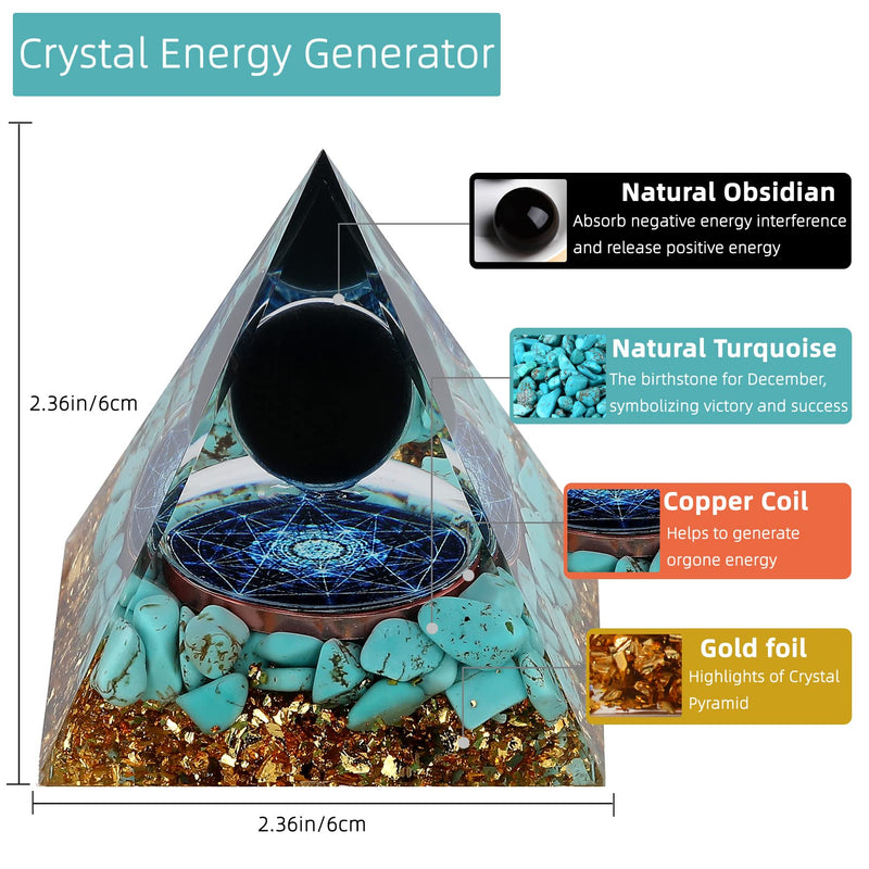 HopeSeed Orgone Pyramid Natural Turquoise and Obsidian Energy Healing Crystal Pyramid Orgonite Chakra Positive Energy Generator for Stress Reduce Healing Meditation Turquoise&obsidian