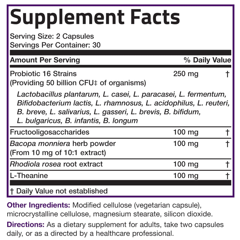 Bronson Brain + Mood Probiotic 50 Billion CFU + Prebiotic, 60 Capsules | 16 Freeze-Dried Strains with L-Theanine, Bacopa & Rhodiola, Digestive & Immune Support, Non-GMO, Gluten-Free & Soy-Free
