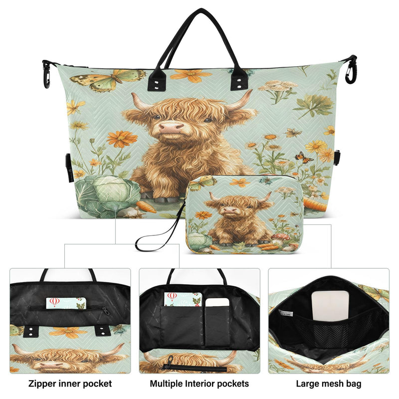 Cow Travel Gym Bag, Highland Cow Vegetables Weekender Overnight Duffle for Women with Toiletry Bag Travel Swim Cow 46