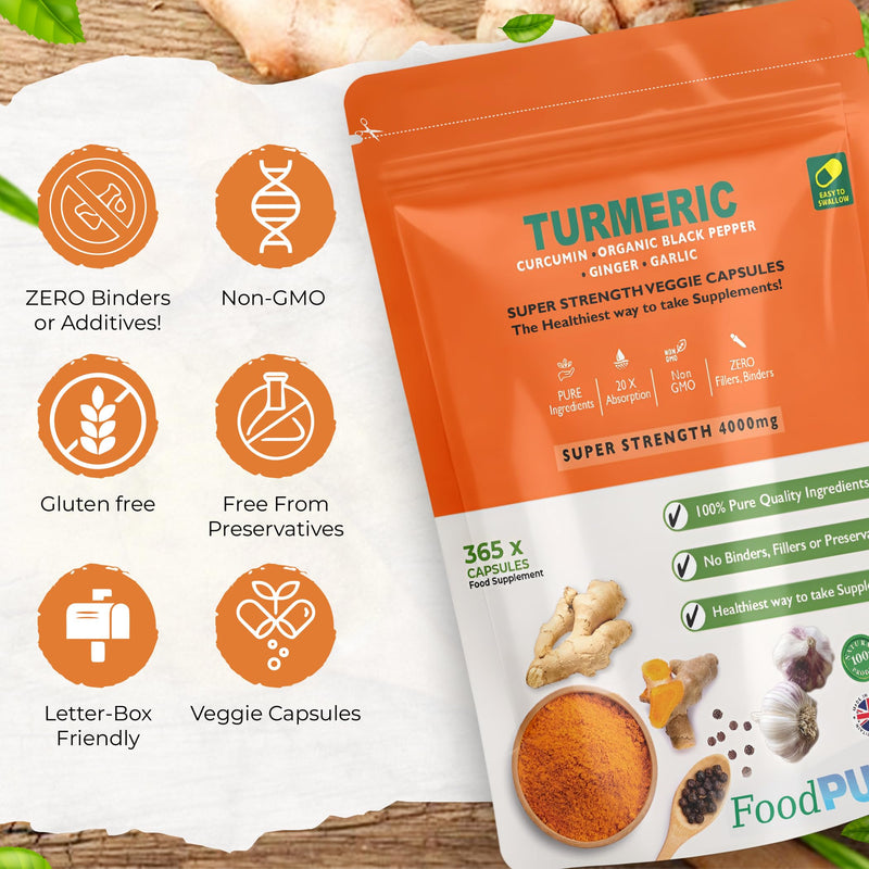 365 x 4000mg Turmeric (Curcumin), Ginger, Garlic & Organic Black Pepper Capsules HACCP Certified, Manufactured in The UK by FoodPURA (365) 365
