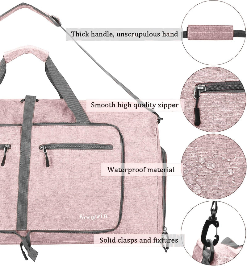 Woogwin Travel Duffel Bag Large Foldable Waterproof Overnight Bag for Beach Swim Bags Pool Sports Gym 60L SnowPink