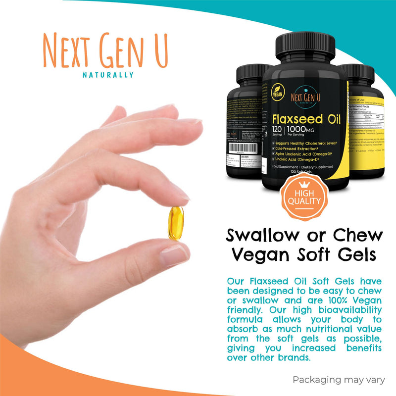[Australia] - Next Gen U Flaxseed Oil w/Omega 3, 6, 9, Cold Pressed Dietary Health Food Supplement 1000 mg 120 Vegan Softgels 