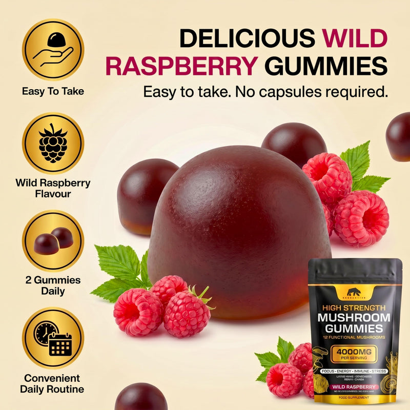 Mushroom Gummies 4000mg – 12 Functional Mushroom Complex with Lions Mane, Cordyceps, Reishi, Chaga, Maitake & Shiitake – Wild Raspberry Flavour – Vegan Food Supplement – 60 Gummies