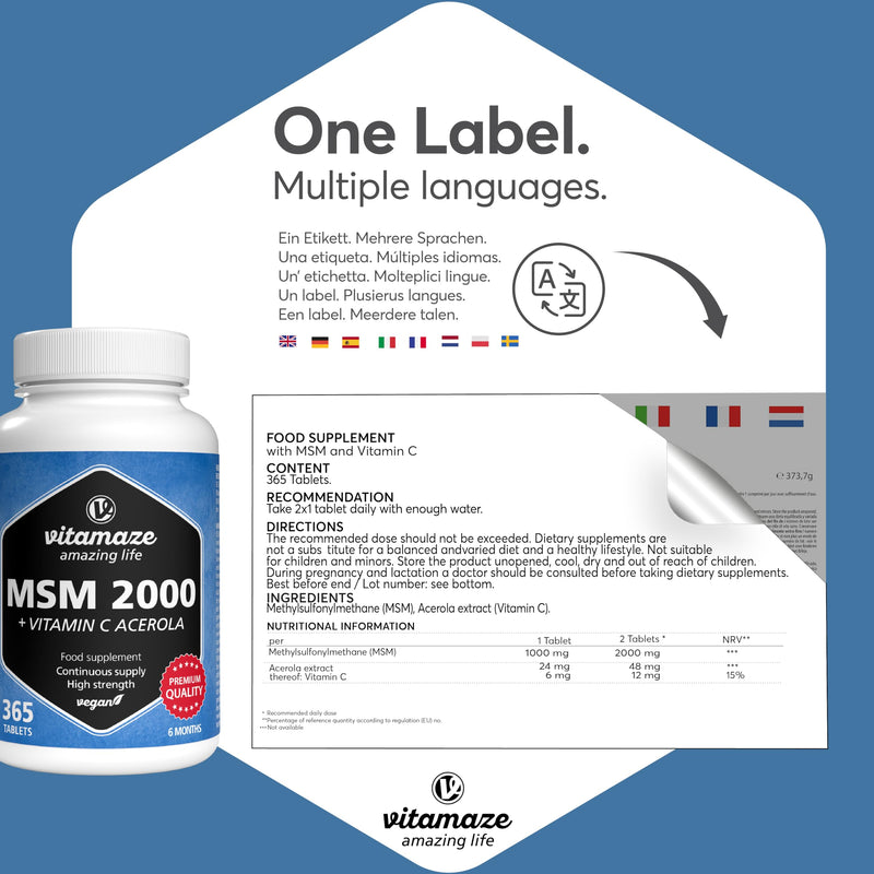 MSM + Vitamin C acerola high-dose, 365 Tablets for 6 Months, 2,000 mg Organic Sulphur Powder per Day, 99.9% Pure methylsulphonylmethane, Food Supplement Without additives, Made in Germany