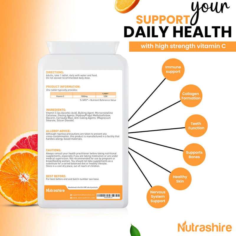 Vitamin C Tablets 1000mg – 120 Vegan Tablets (4 Month Supply) – Gluten Free Vitamin C Supplements for Skin, Bones, Teeth, Fatigue and Immune Support – High Strength VIT C - Made in the UK