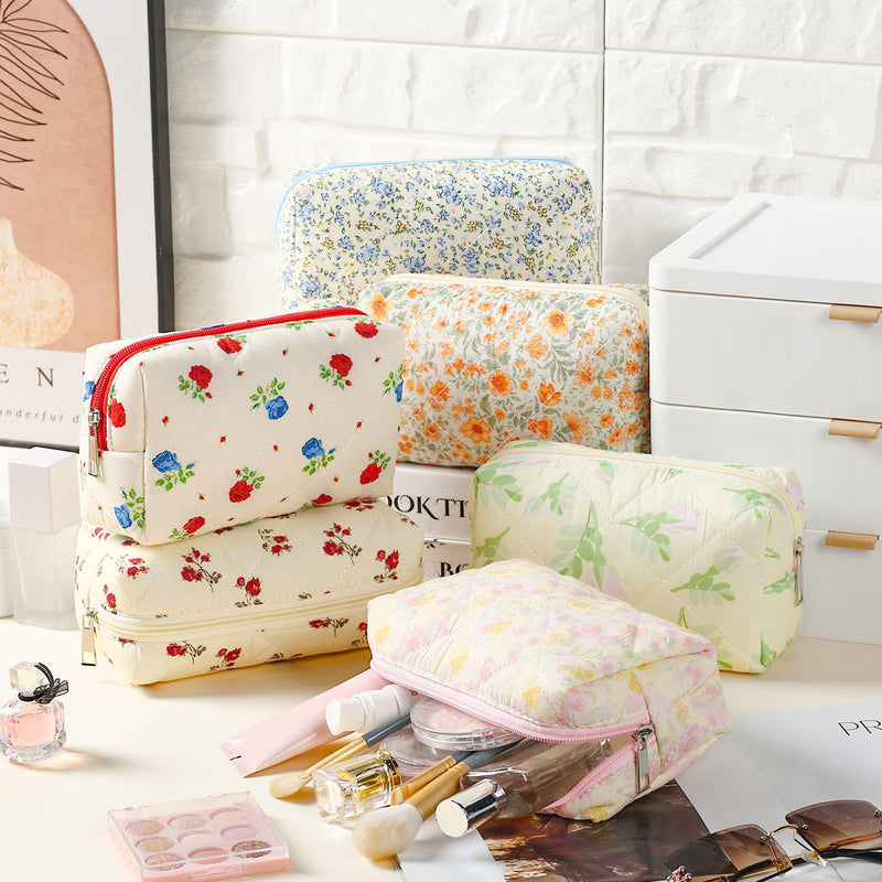 Paterr 12 Pcs Quilted Makeup Bags Bulk, Cotton Floral Cosmetic Bags, Aesthetic Makeup Pouch, Travel Toiletry Bag, Quilted Pencil Pouch, Floral Emergency Bag with Zipper for Women Bridesmaid Gifts
