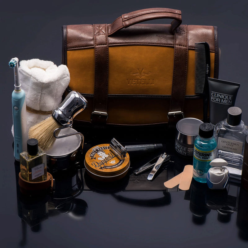 Leather Toiletry Bag for Men - Water Resistant, 2 Zippered Internal Pockets, 2 Snap-Fastened Internal Pockets, and Hanging Hook. Brown