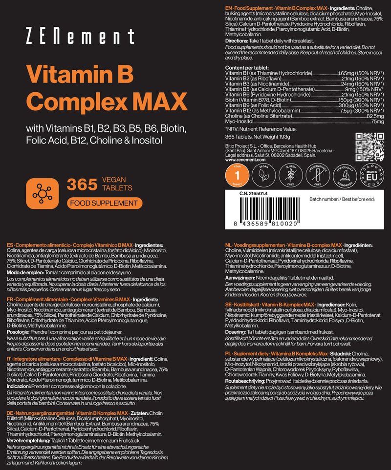 Vitamin B Complex MAX, with Vitamins B1, B2, B3, B5, B6, Biotin, Folic Acid, B12, Choline & Inositol, 365 Vegan Tablets | Helps Reduce Fatigue & Immune System | Zenement