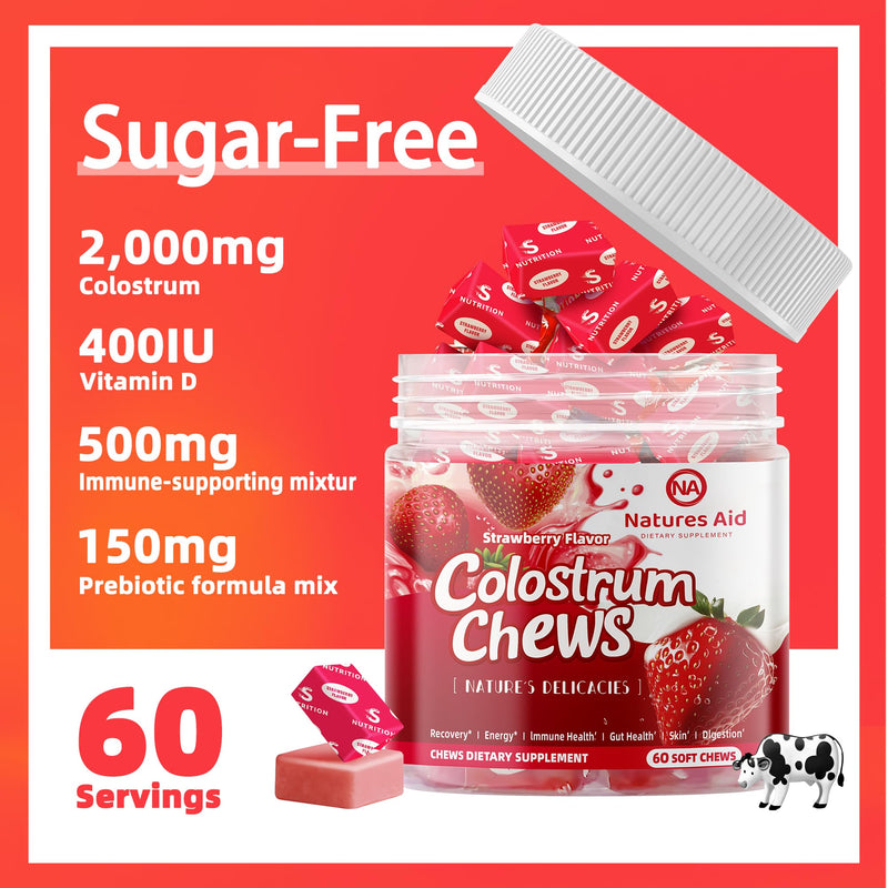[Australia] - Colostrum Chews Supplement with probiotics for Gut Health, Bloating, Immune Support, Skin, Hair Growth and Beauty - Strawberry Flavor (60 Servings) 60 Count (Pack of 1) 