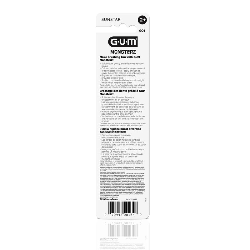[Australia] - GUM Monsterz Children and Toddler Toothbrush, Soft Bristled Kids’ Toothbrush with Suction Cup, for Ages 2+, 2 Count(Pack of 6) Ages 2+ 2 Count (pack of 6) 