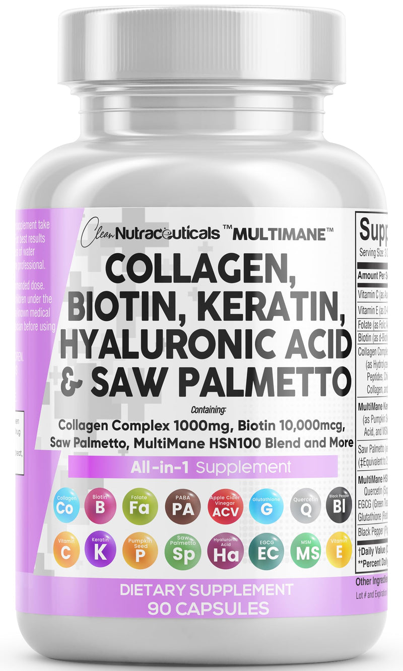 [Australia] - Collagen Pills 1000mg Biotin 10000mcg Keratin Saw Palmetto 2500mg Hyaluronic Acid - Hair Skin and Nails Vitamins and DHT Blocker with Vitamin E Folic Acid Pumpkin Seed MSM - 90 Count 
