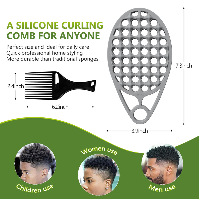 KOUPA Silicone Curly Hair Brush with Pick Comb, One Piece Twist Curl Comb for Afro Curls, Washable Hair Tool for Men Women, Grey Gray