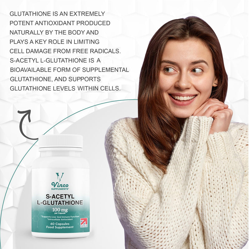 Vinco S-Acetyl L-Glutathione Supplement, 60 L-Glutathione Capsules, Antioxidant Supplement, Support Immune System & Neuron Health- 100mg per Serving, Protects Liver Function - Non-GMO & Gluten Free