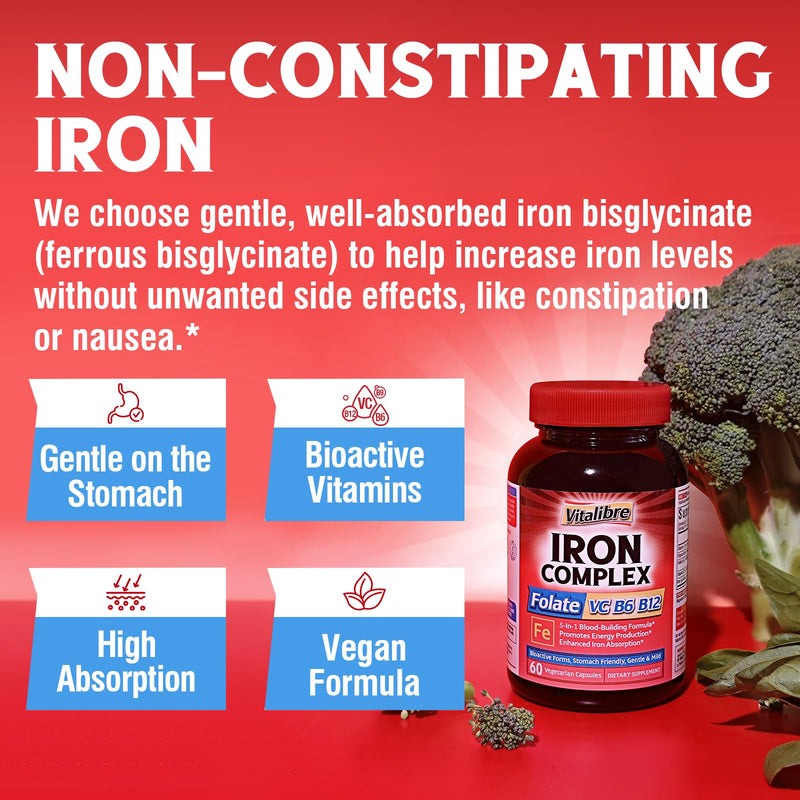 Iron Supplement for Women & Men, with Vitamins C, B6, B12 & Folate + Iron Supplement, 65mg Carbonyl Iron with 250mg Vitamin C