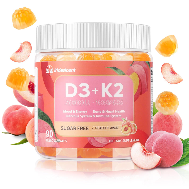 Vitamin D3 K2 Gummies, 5000 IU D3 + 100mcg K2, 90 Count | D3 K2 Supplement with MK-7, Sugar Free Vegan Gummies, Supports Bone Health for Adults, Peach Flavor 90 Count (Pack of 1)