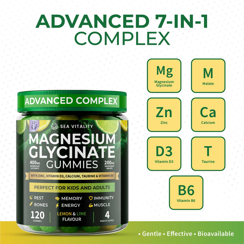 Magnesium Glycinate Gummies for Kids & Adults - High Strength Magnesium Glycinate 400mg with Malate, Zinc, D3, B6 & Taurine – Lemon & Lime Flavours – Sleep, Focus & Relaxation – 120 Chews Lemon Lime 120 count (Pack of 1)